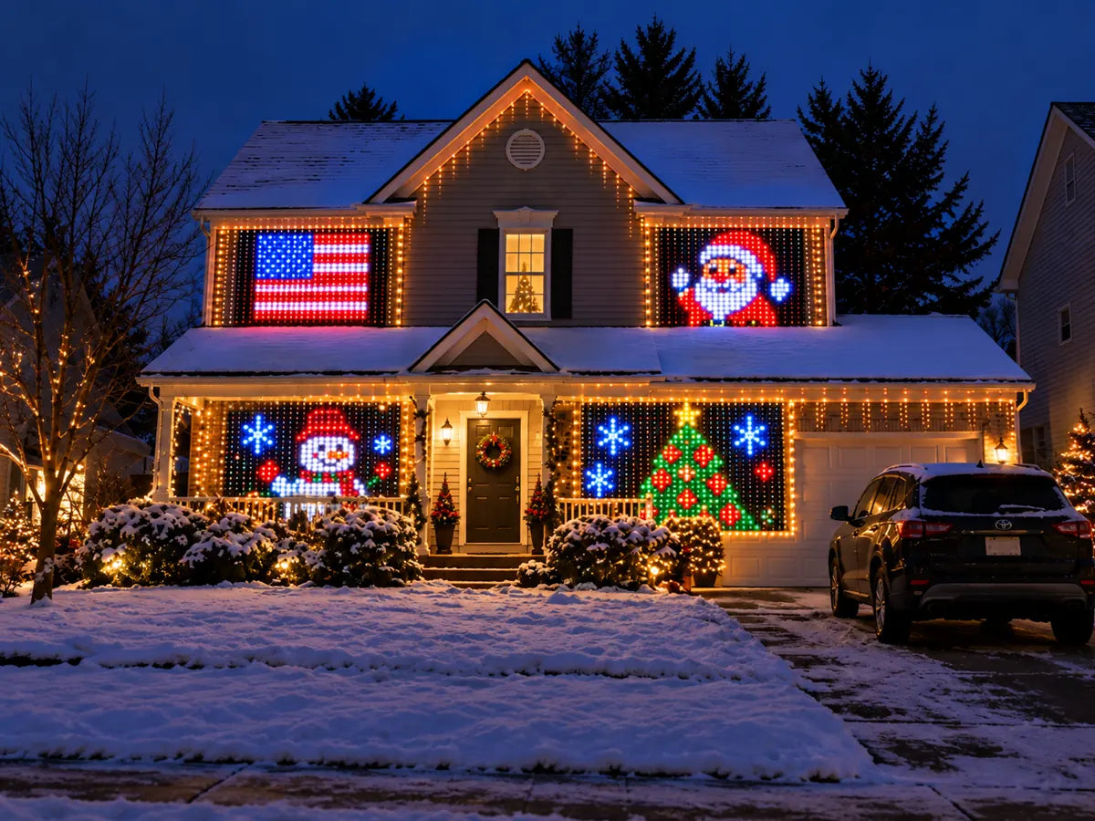 House after pixel curtain lights are on