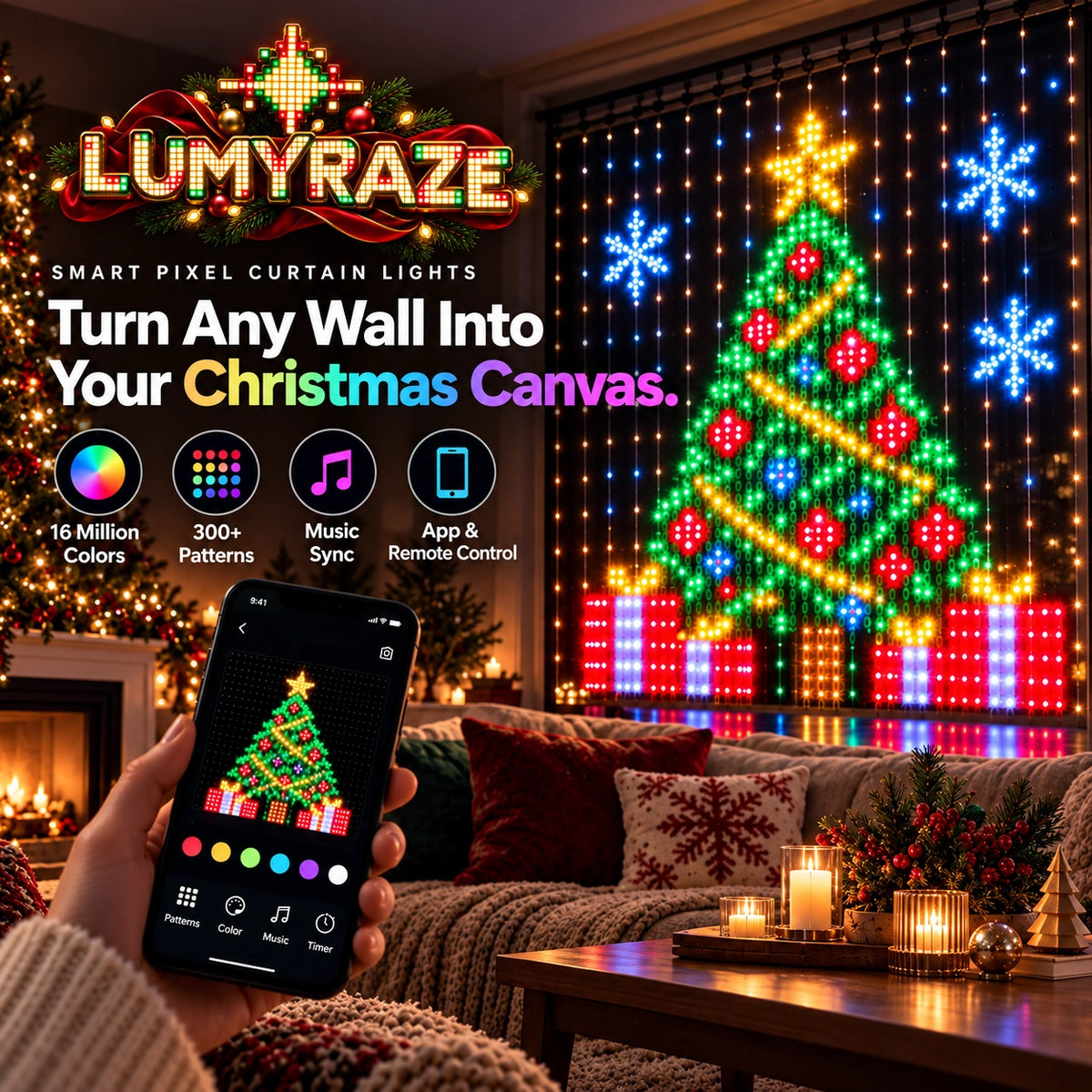 LUMYRAZE Smart Pixel Curtain Lights Christmas hero